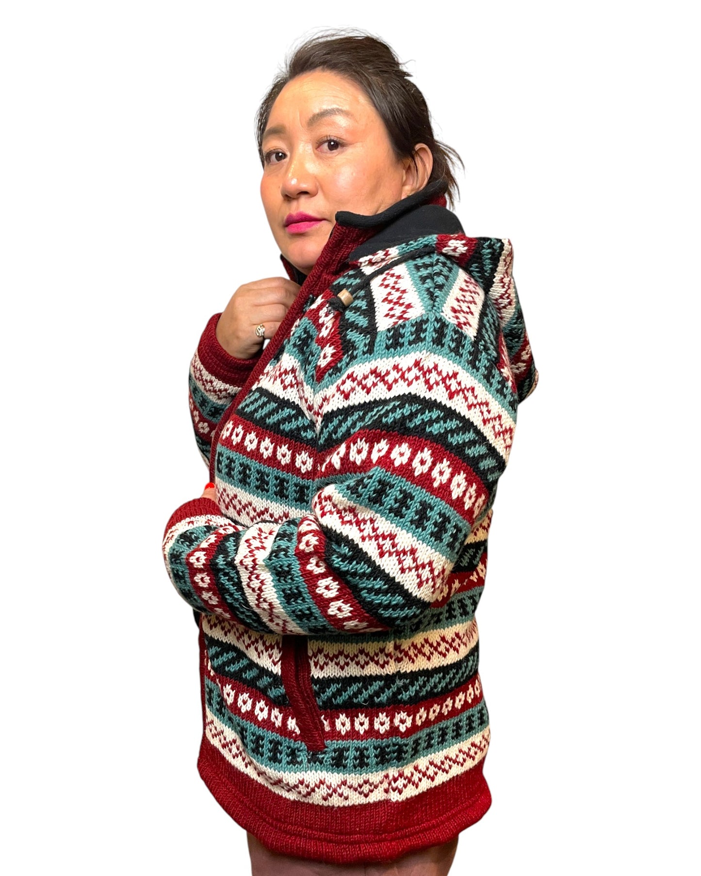 "Fair Isle" Handgestrickte Wolljacke Nepal Seite