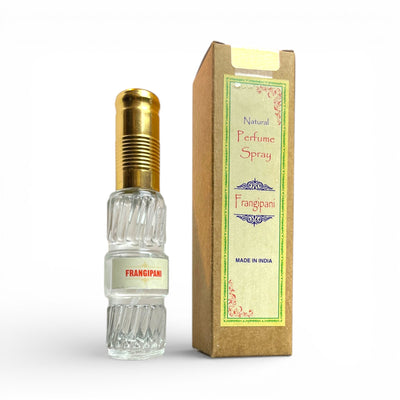 Frangipani Natuerliches Spray Parfuem 10 ml in Glasflasche mit brauner Kartonverpackung Himalaya Vibes Bern