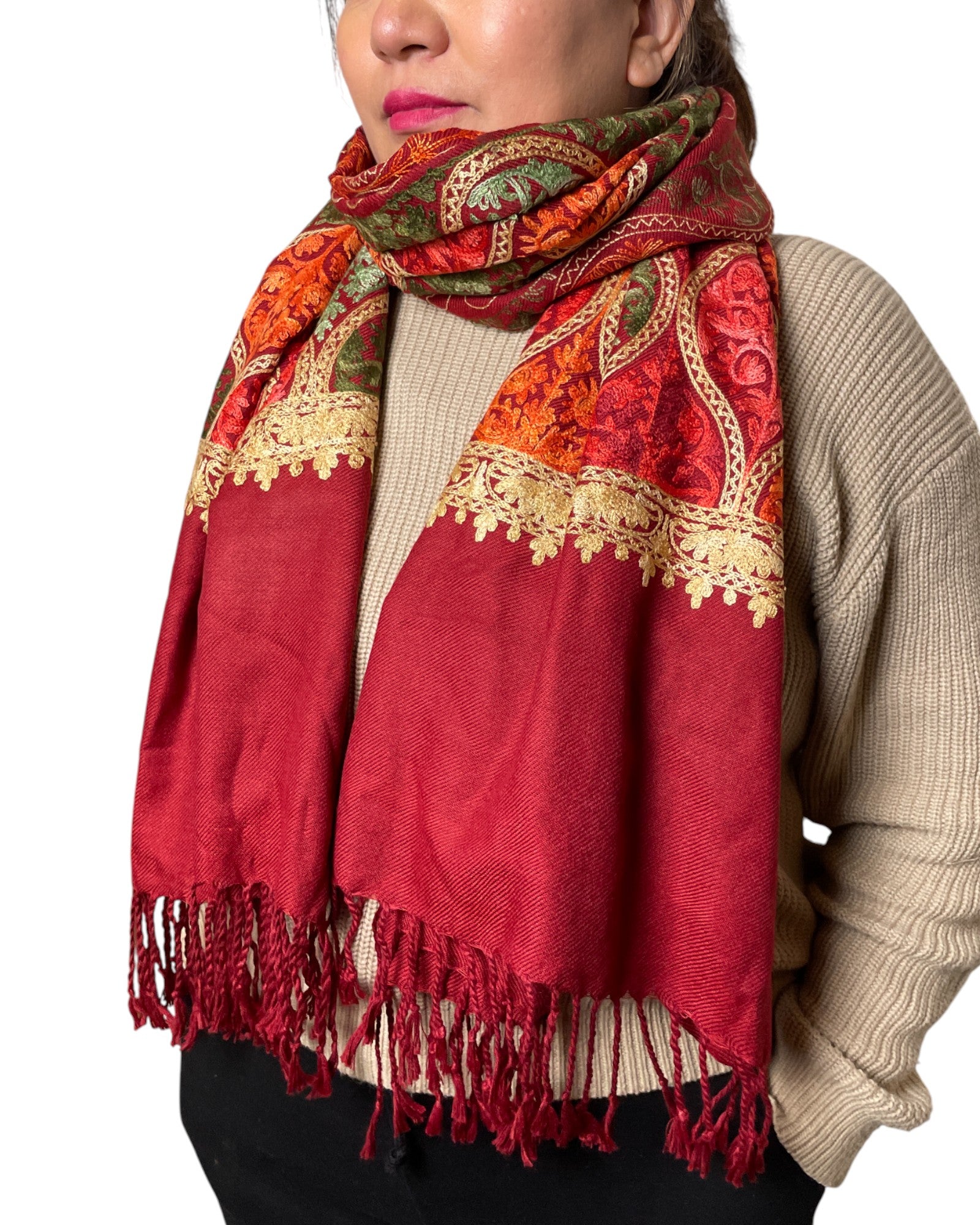 Fransen: Gedrehte Fransen Weinrot Bestickter Schal