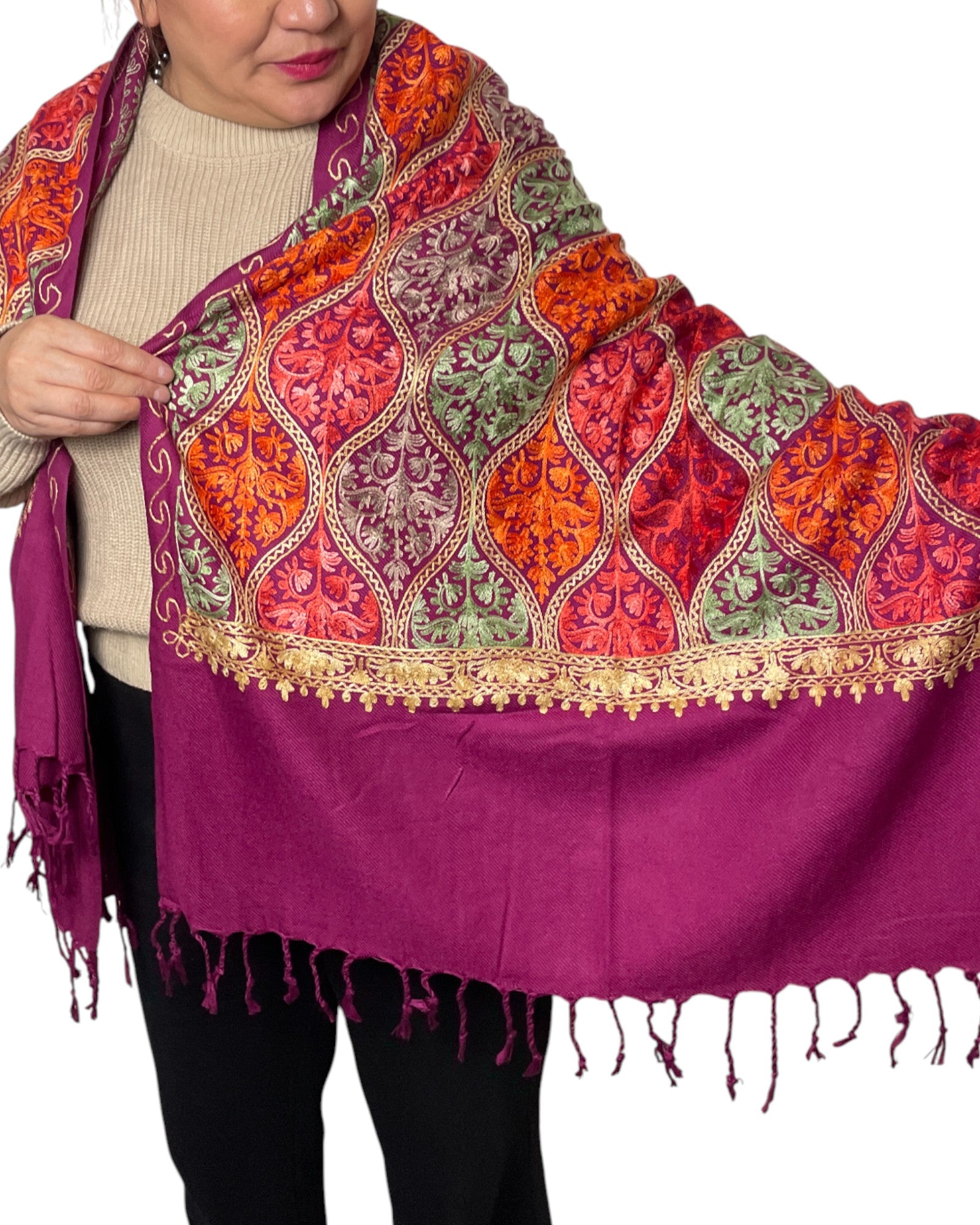 Gedrehte Fransen bestickter Unisex Schal Magenta