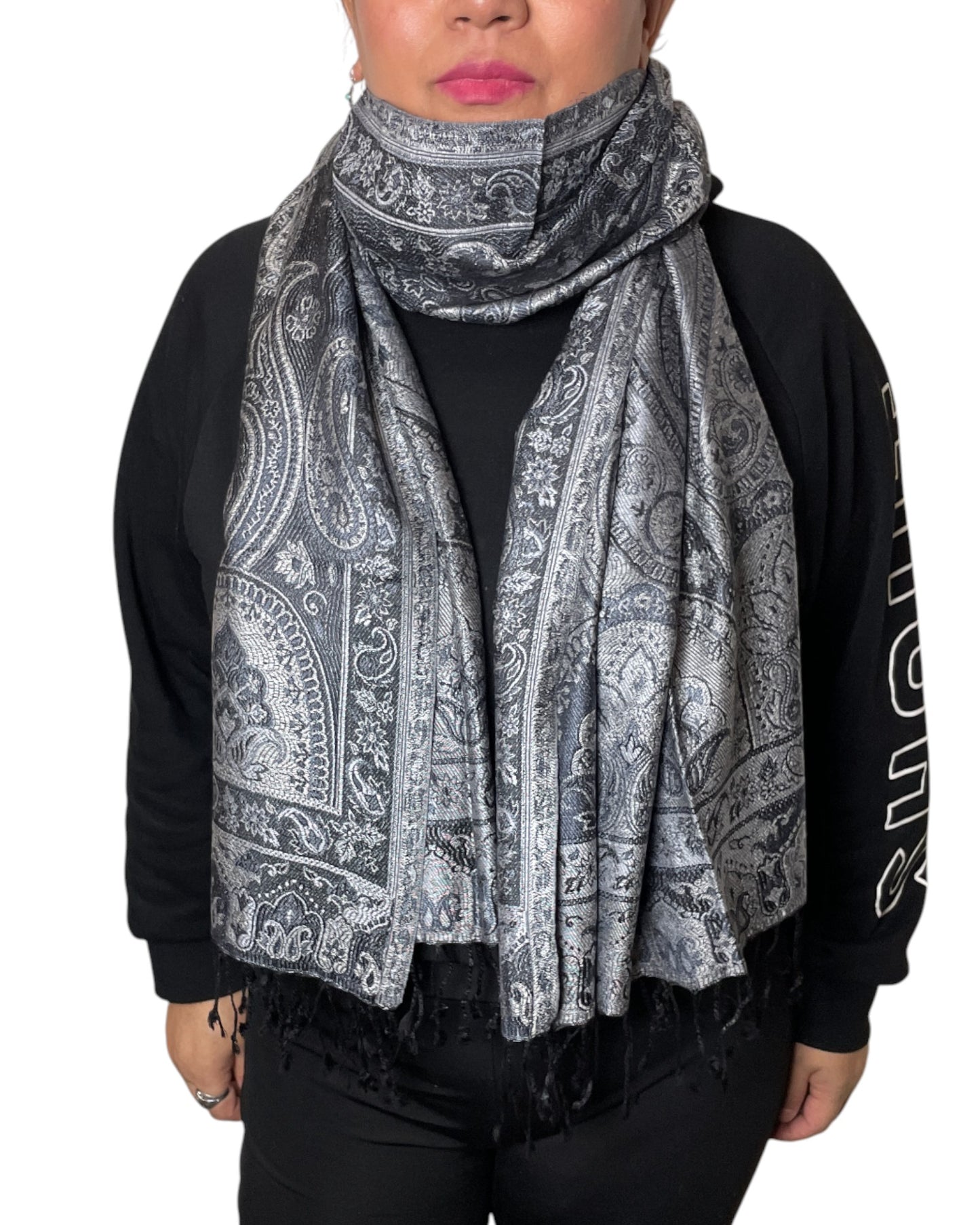 Getragen: Unisex Paisley Schal Damen Herren Silber Grau Schwarz