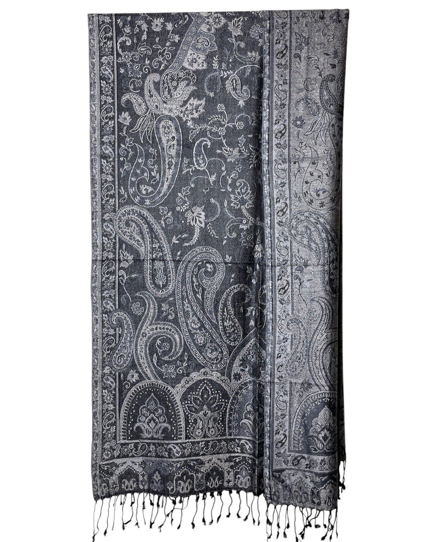 Getragen: Unisex Paisley Schal Damen Herren Silber Grau Schwarz rückseite