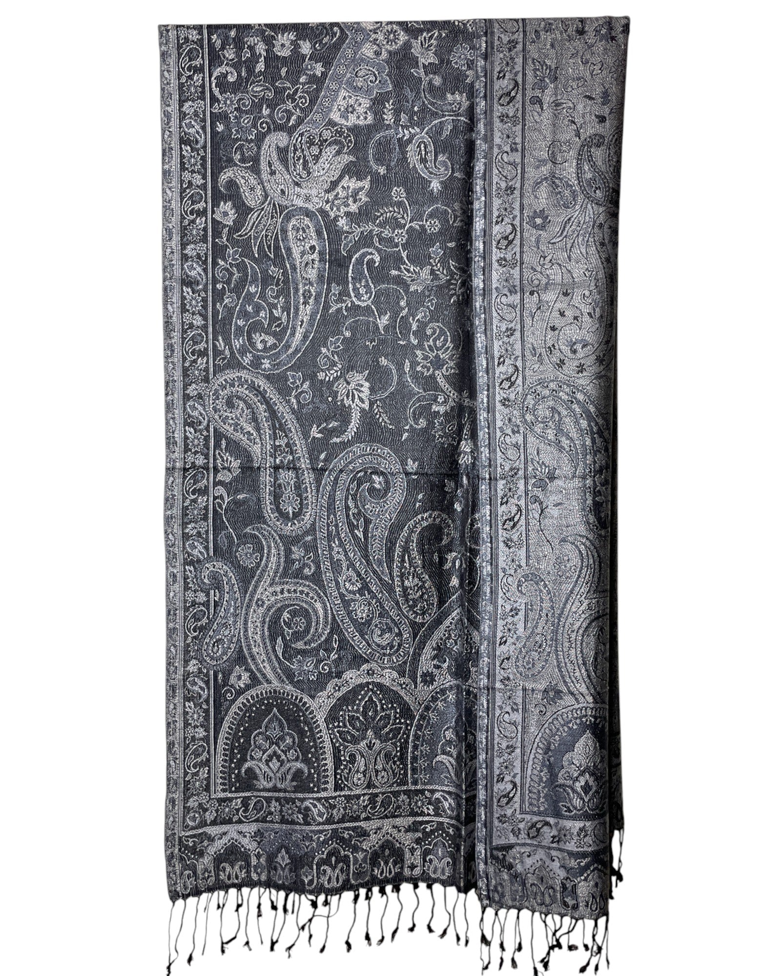 Getragen: Unisex Paisley Schal Damen Herren Silber Grau Schwarz rückseite