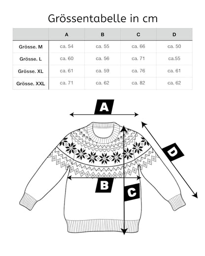 Groessentabelle „Tamang“ – Handgestrickter Nepal-Pullover