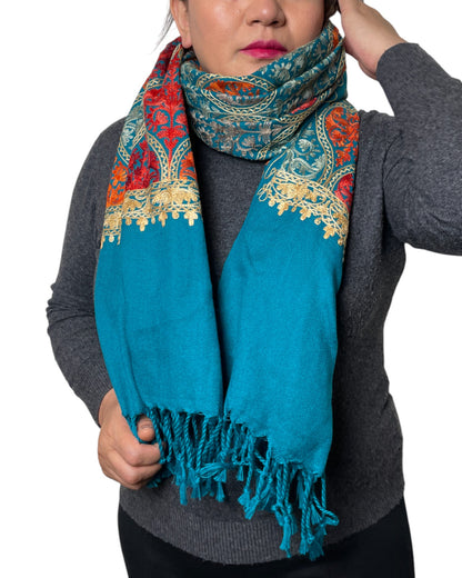 Handgefertigter bestickter Schal Baumwolle Viskose Petrol