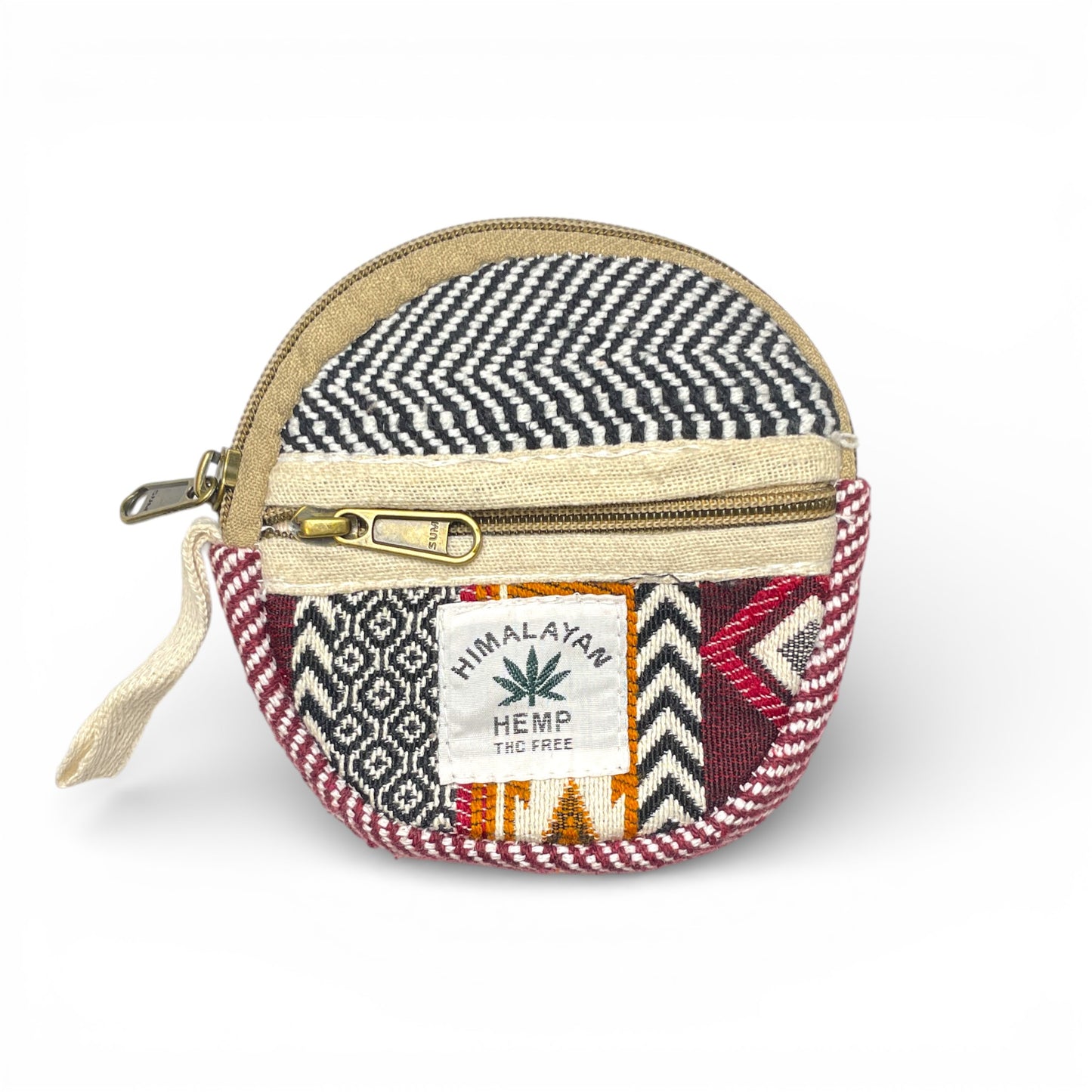 Handgemachte runde Hanf-Tasche mit ethnischem Muster in Rot Schwarz und Beige von Himalaya Vibes Bern.