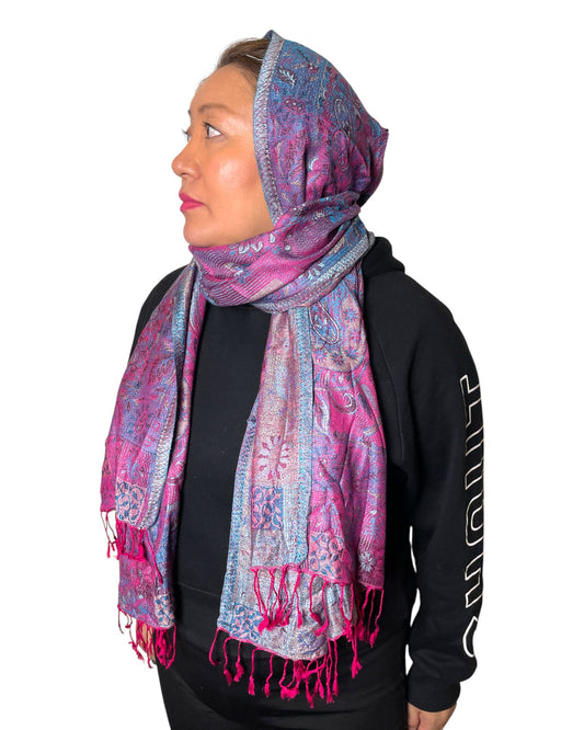 Hauptbild: Fuchsia-Blue Harmony Paisley Schal aus Indien Seide-Viskose Unisex