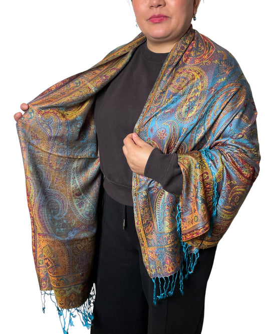 Hauptbild: Turquoise Copper Aura Paisley Schal aus Indien Seide Viskose