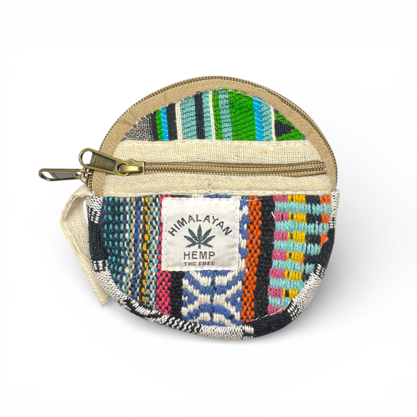 Himalayan Hemp Tasche rund mit farbenfrohen Streifen in Blau Gelb und Pink handgefertigt in Nepal.