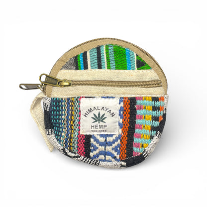 Himalayan Hemp Tasche rund mit farbenfrohen Streifen in Blau Gelb und Pink handgefertigt in Nepal.