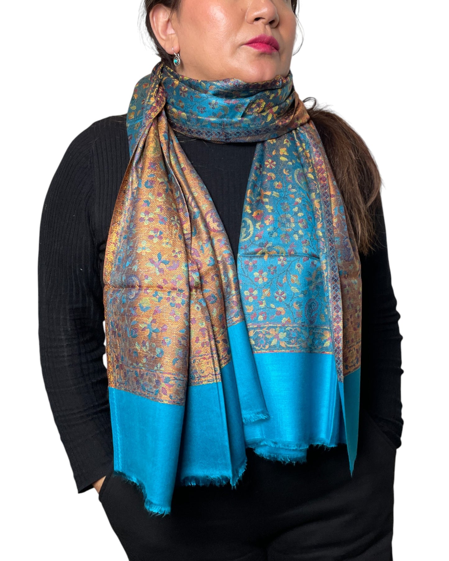 Original Jacquard Schal aus Indien – Paisley & Blumenmuster in Türkis