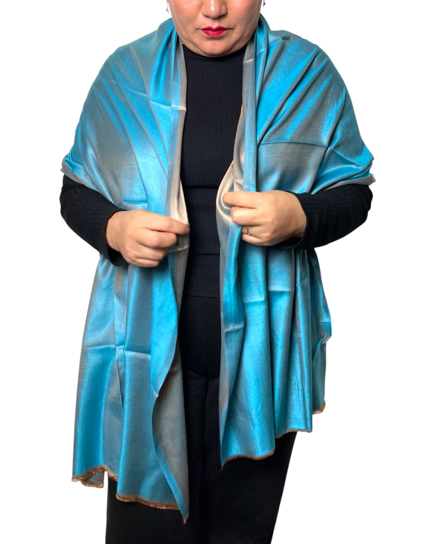 Original Seidenschal aus Indien in Türkis & Champagner – Luxuriöses Seidentuch