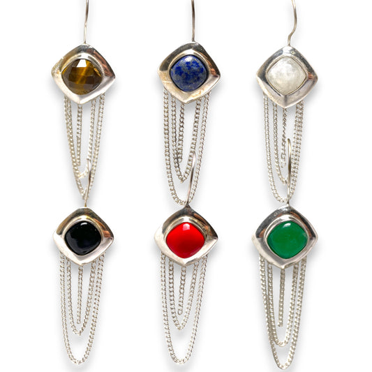 Ethno Ohrringe mit Edelstein Tassel 65 mm, Silberfarben