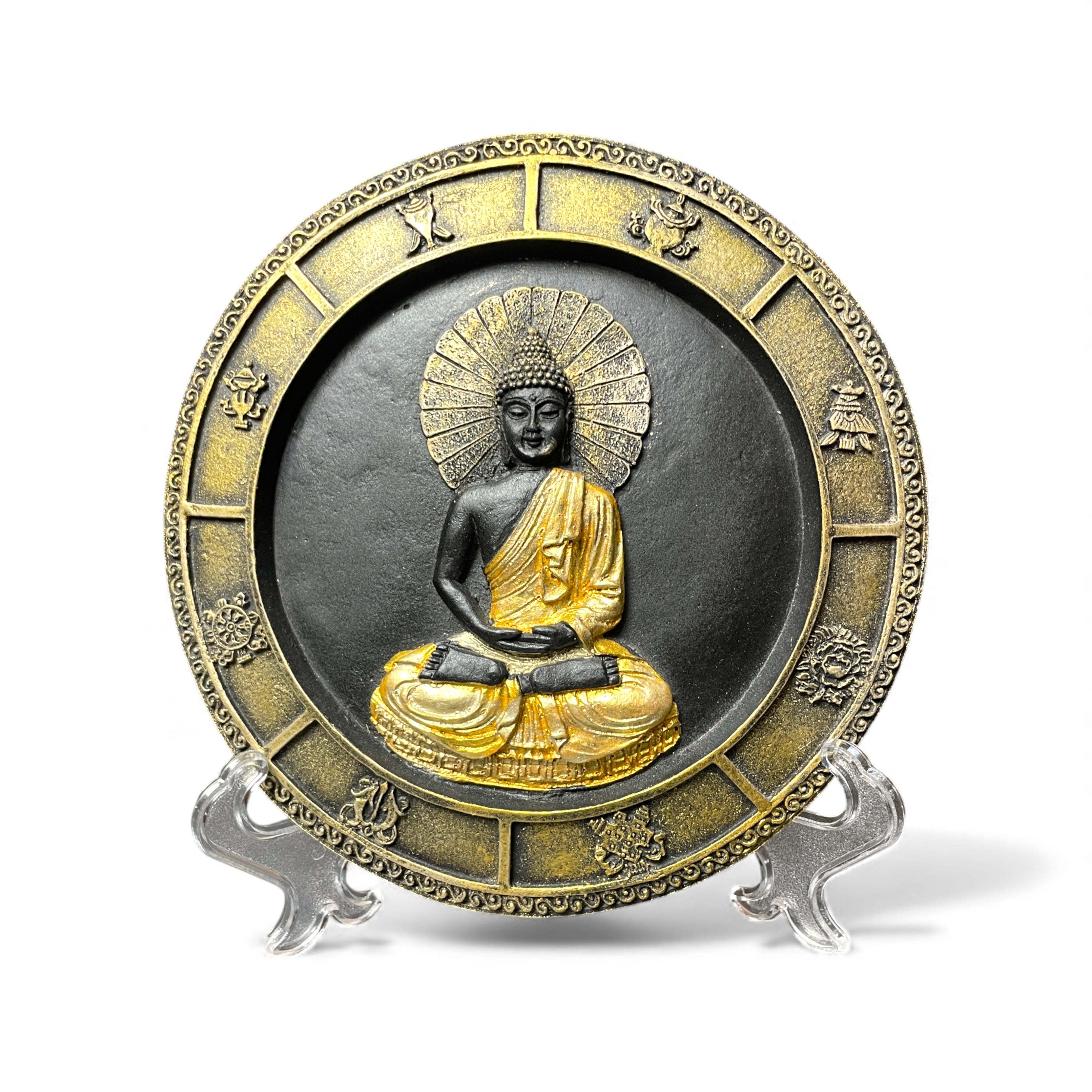Schwarz-Goldenes Buddha-Mandala – Deko mit den 8 Glückssymbolen Ständer