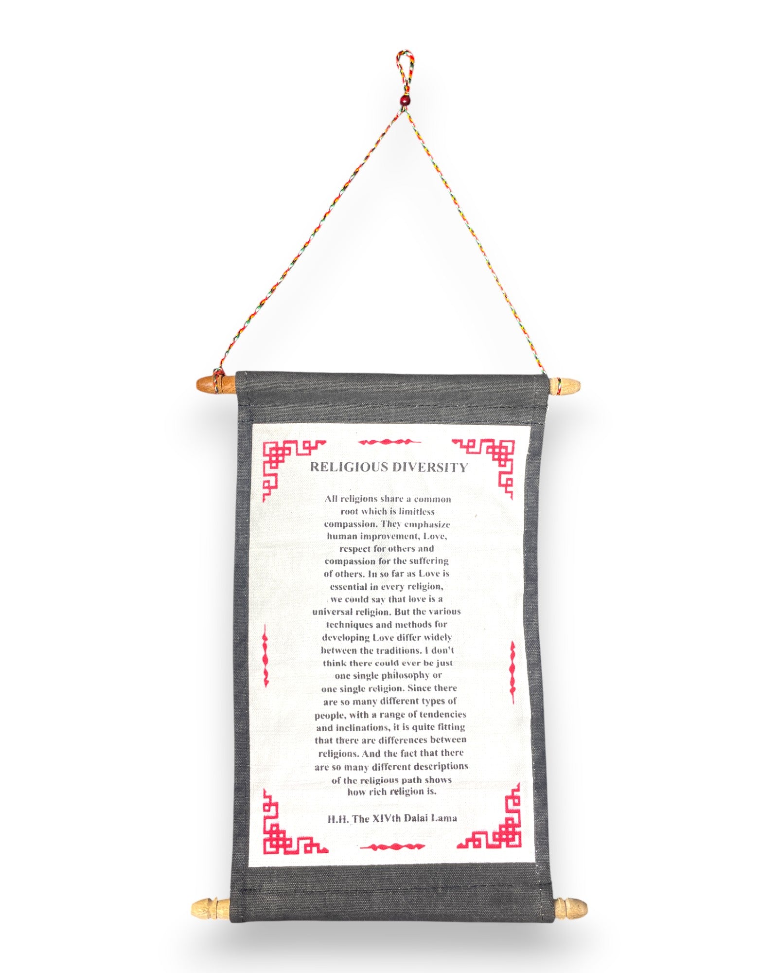 Wandbehang Religiöse Vielfalt Tibetische Thangka-Schriftrolle mit Dalai Lama Zitat Front