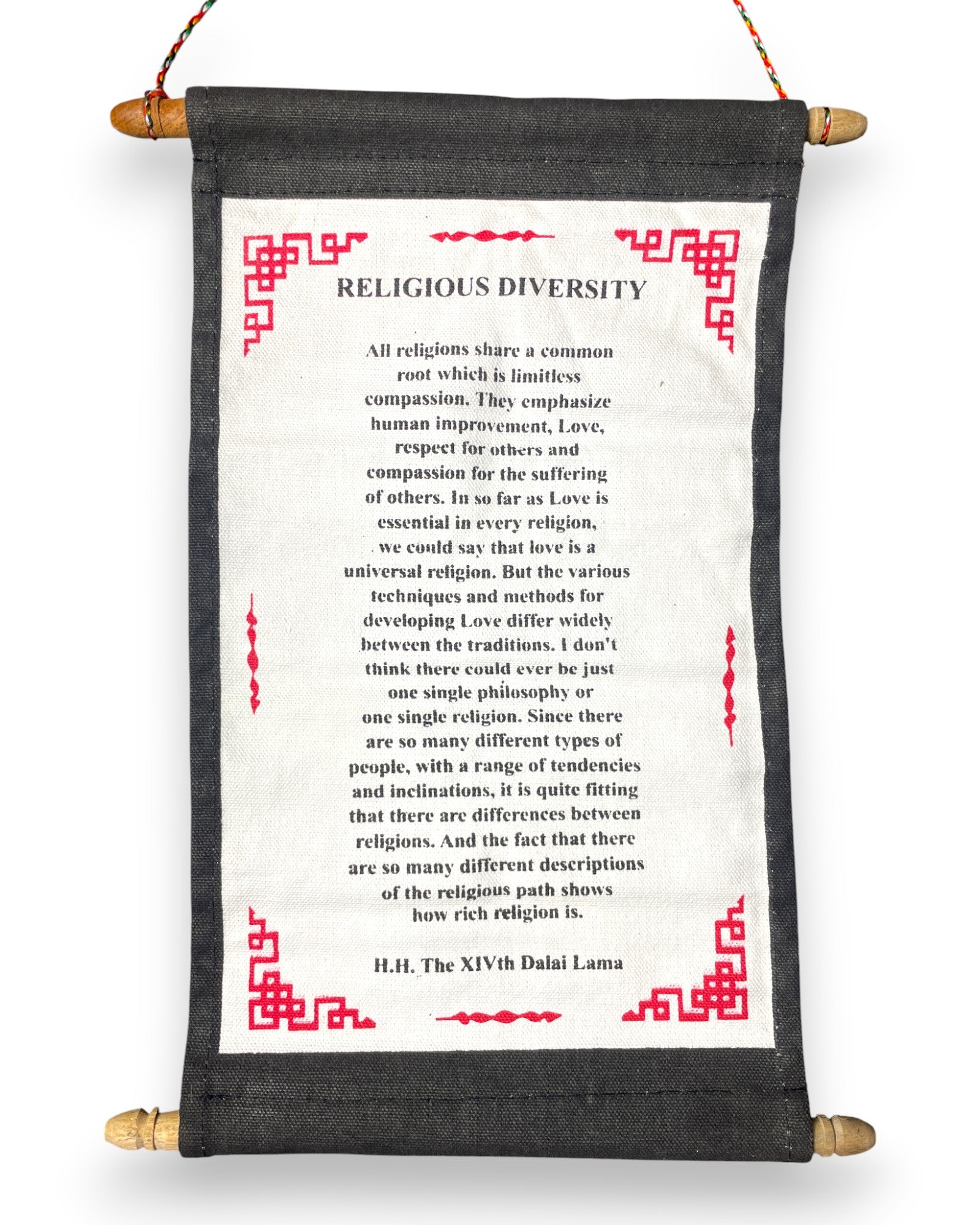 Wandbehang Religiöse Vielfalt Tibetische Thangka-Schriftrolle mit Dalai Lama Zitat Nah