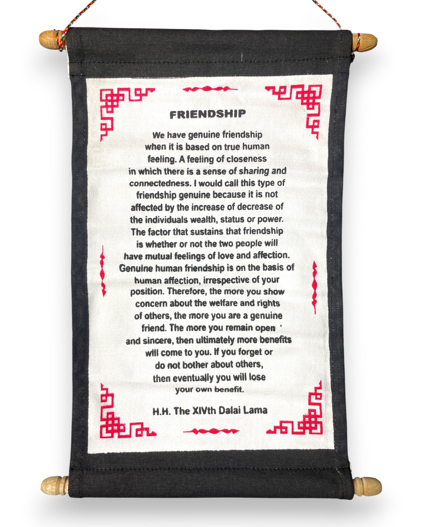 Wandbehang Freundschaft  Tibetische Thangka-Schriftrolle mit Dalai Lama Zitat Nah