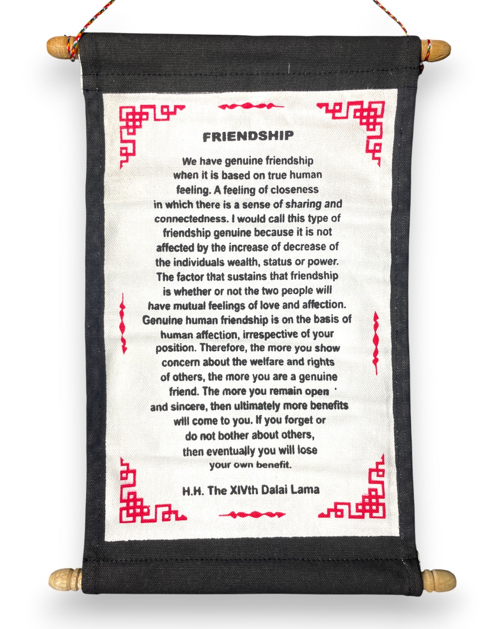 Wandbehang Freundschaft  Tibetische Thangka-Schriftrolle mit Dalai Lama Zitat Nah
