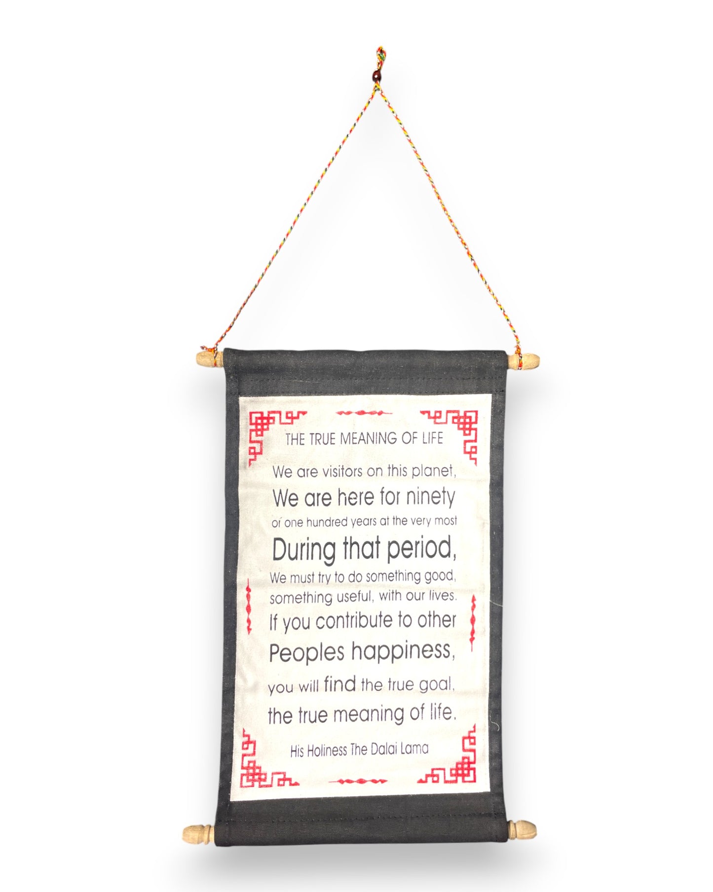 Wandbehang Der wahre Sinn des Lebens Tibetische Thangka-Schriftrolle mit Dalai Lama Zitat Front