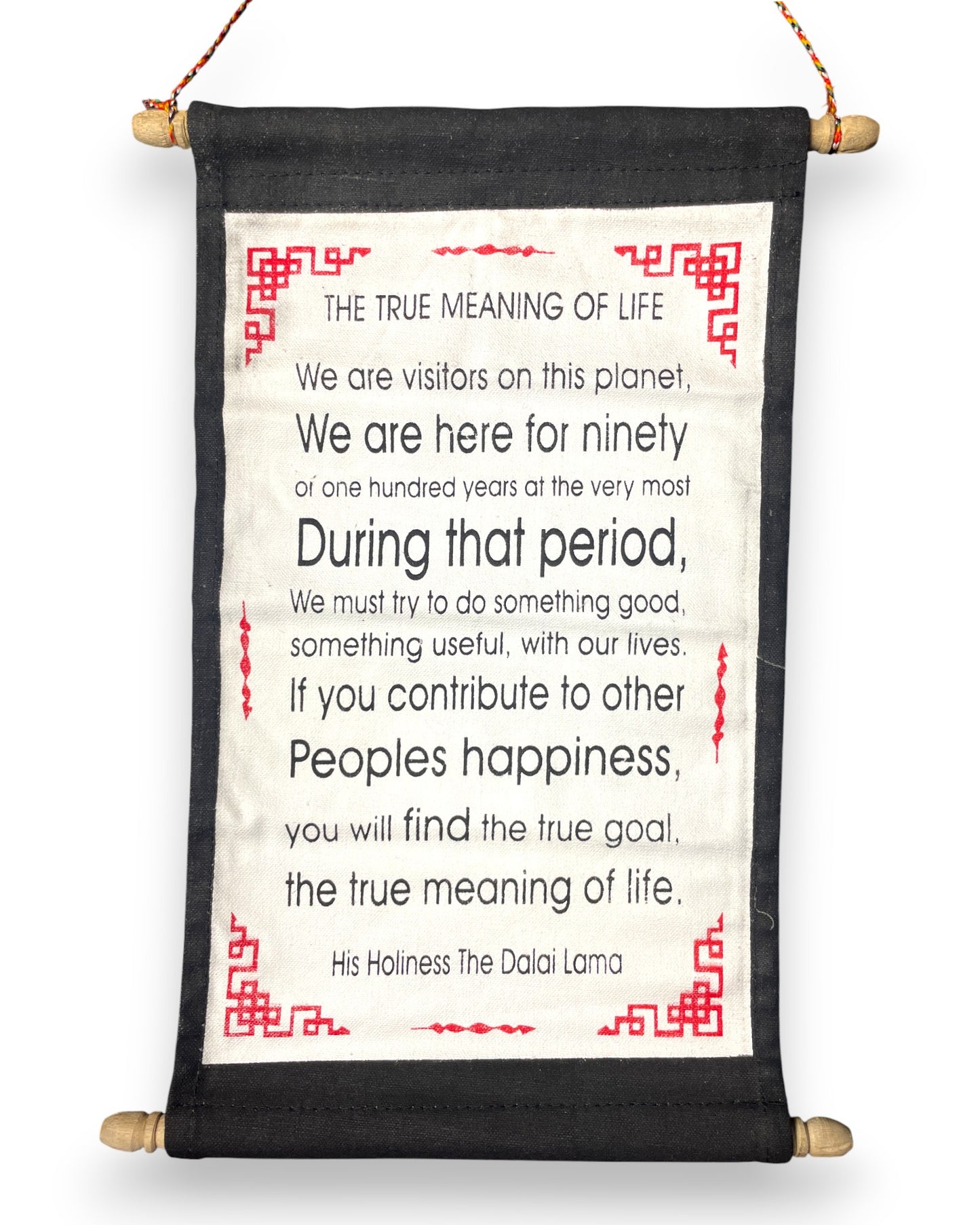 Wandbehang Der wahre Sinn des Lebens Tibetische Thangka-Schriftrolle mit Dalai Lama Zitat Nah