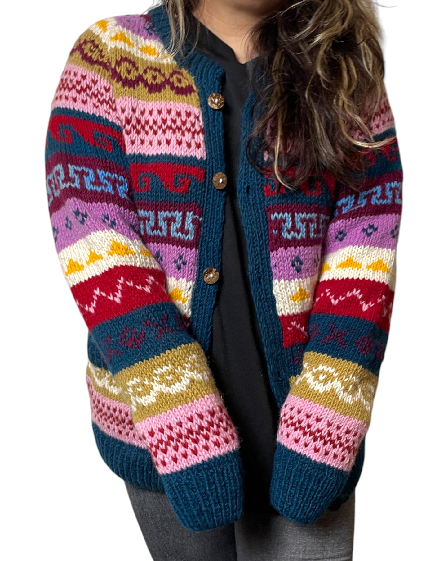 "Syangja" – Hand-knitted Nepalese cardigan. Colorful, warm &amp; made with love.