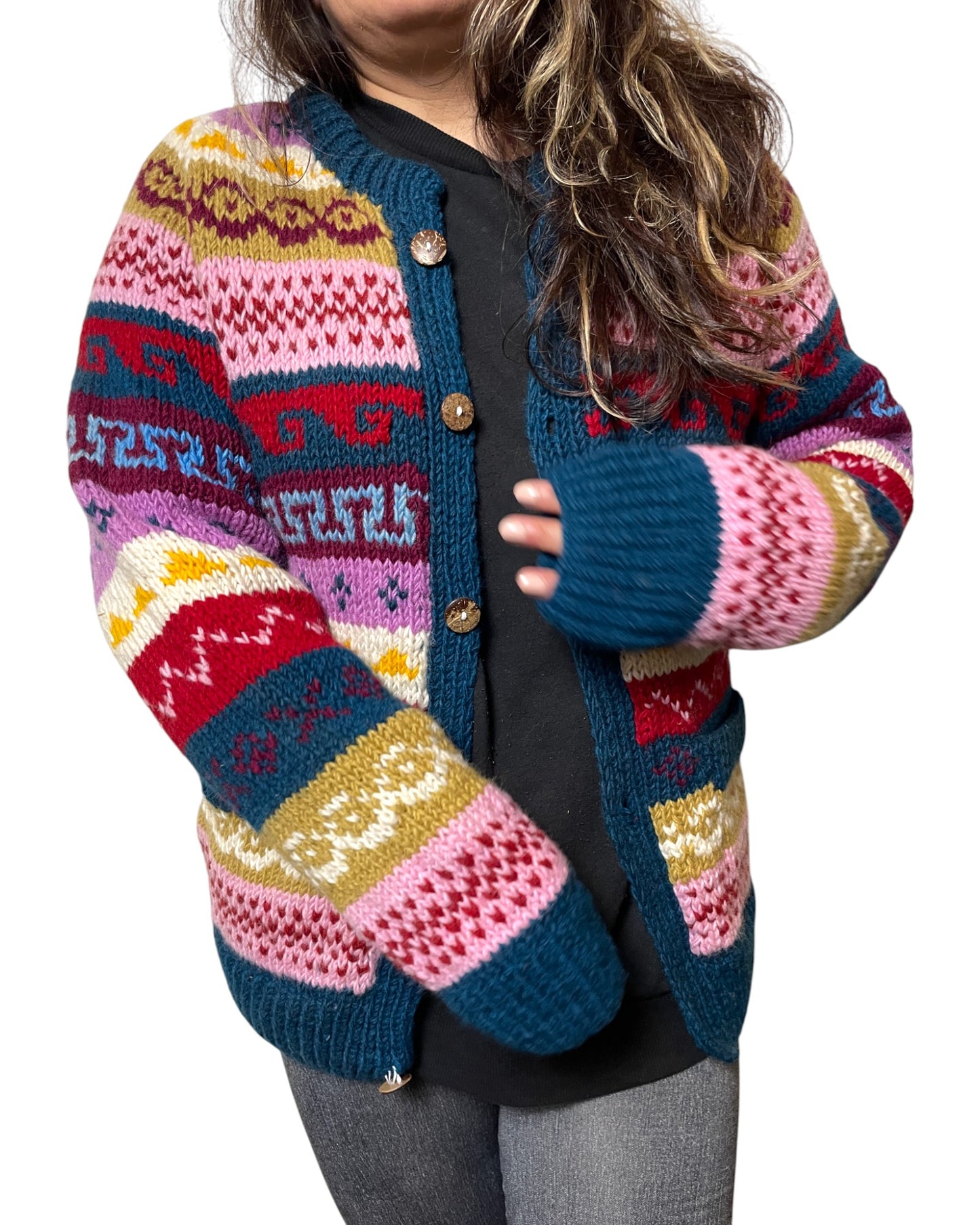 "Syangja" – Hand-knitted Nepalese cardigan. Colorful, warm &amp; made with love.