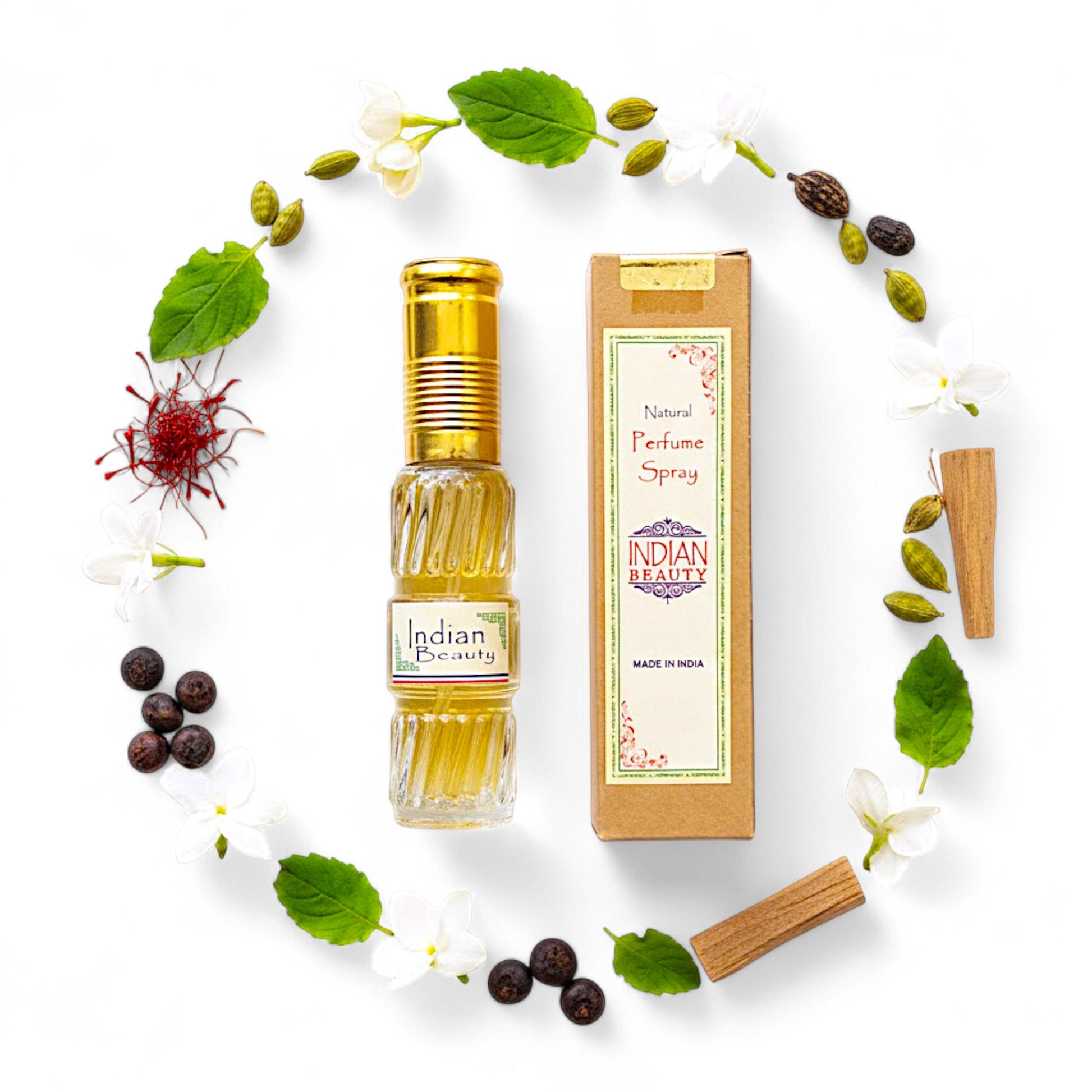 Indian Beauty – Natuerliches Spray Parfuem 50 ml in Glasflasche mit Packung. Natuerlicher, alkoholfreier Duft, blumig-orientalisch und warm-suesslich. Ideal fuer Handtasche oder Reise.