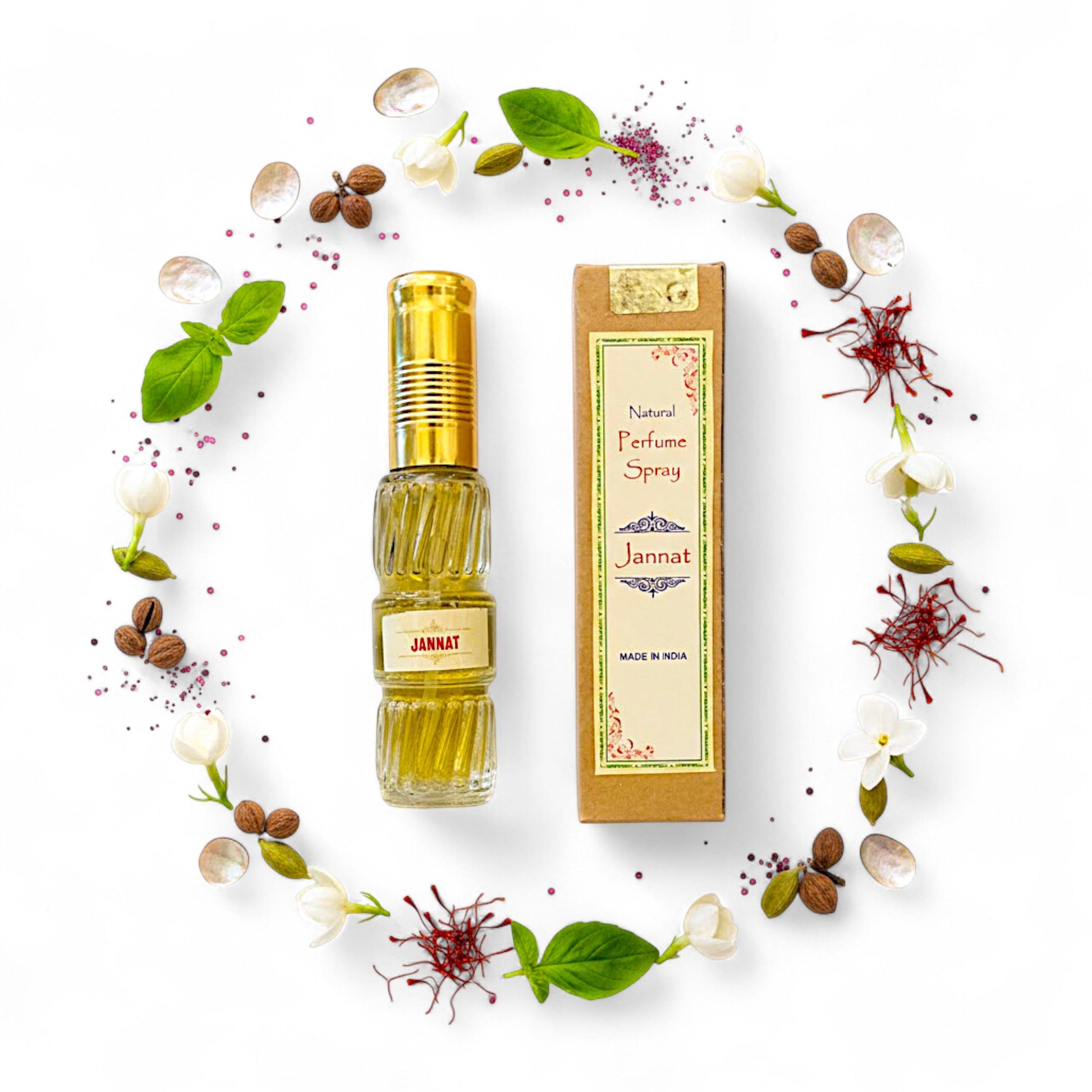 Jannat – Natuerliches Spray Parfuem 50 ml in Glasflasche mit Packung. Natuerlicher, alkoholfreier Duft, blumig-fruchtig und leicht suesslich. Ideal fuer Handtasche oder Reise.