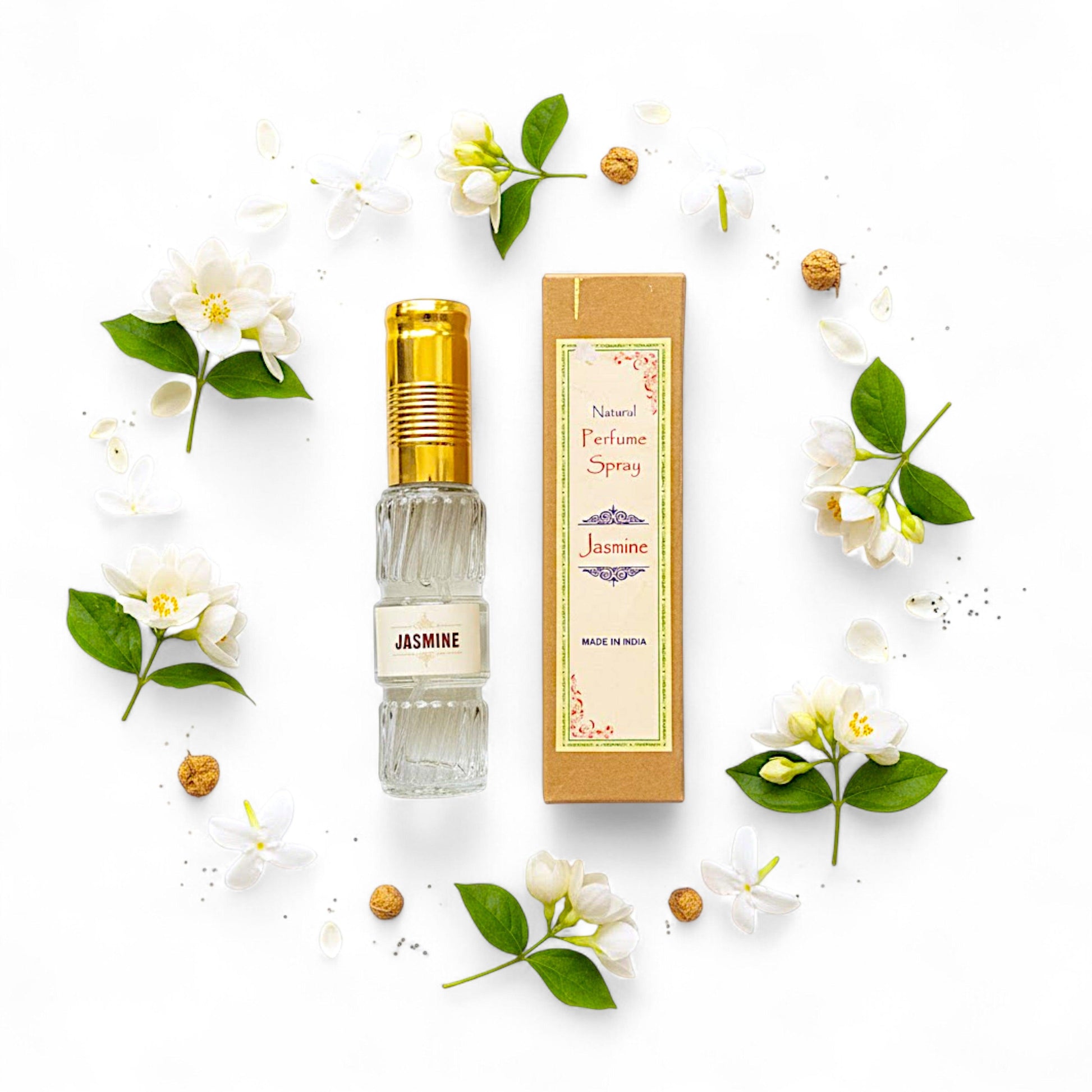 Jasmine – Natuerliches Spray Parfuem 50 ml in Glasflasche mit Packung. Natuerlicher, alkoholfreier Duft, blumig-frisch und leicht suesslich. Ideal fuer Handtasche oder Reise.