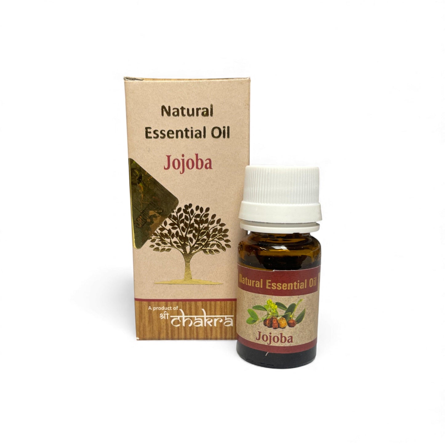 Jojoba – Chakra Natürliches ätherisches Öl 10 ml mit Flasche und Verpackung zusammen im Alltag, Himalaya Vibes Onlineshop