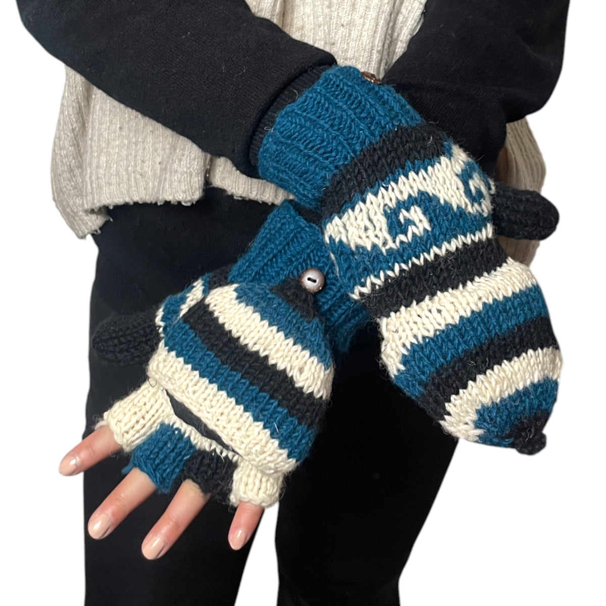 „Kailash“ – Handgestrickte Nepal-Umschlag-Fäustlinge petrol