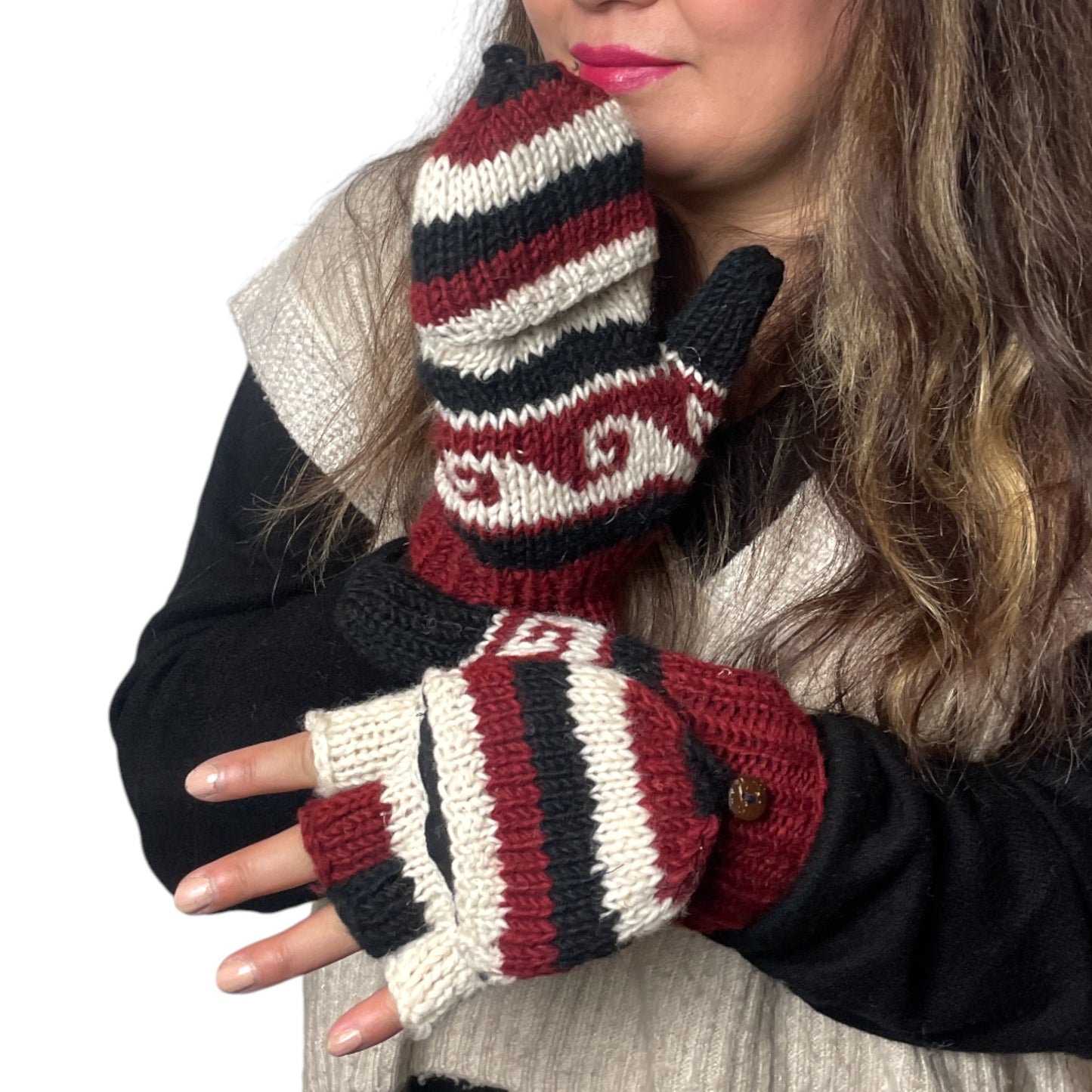 „Kailash“ – Handgestrickte Nepal-Umschlag-Fäustlinge rot