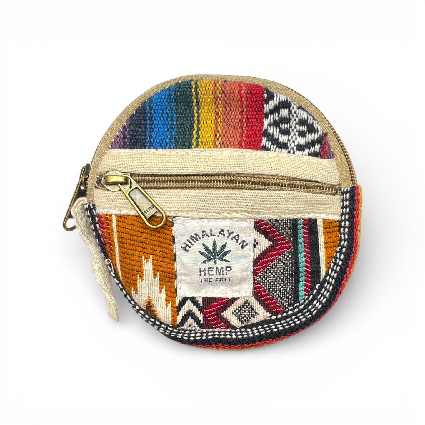 Kleine runde Geldboerse aus Hanf von Himalaya Vibes Bern mit warmen Orange- und Gelbtoenen und traditionellem Webmuster.