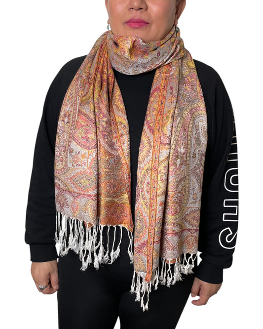 „Koralle-Orange Elegance Paisley Schal aus Indien, Seide-Viskose, Unisex“