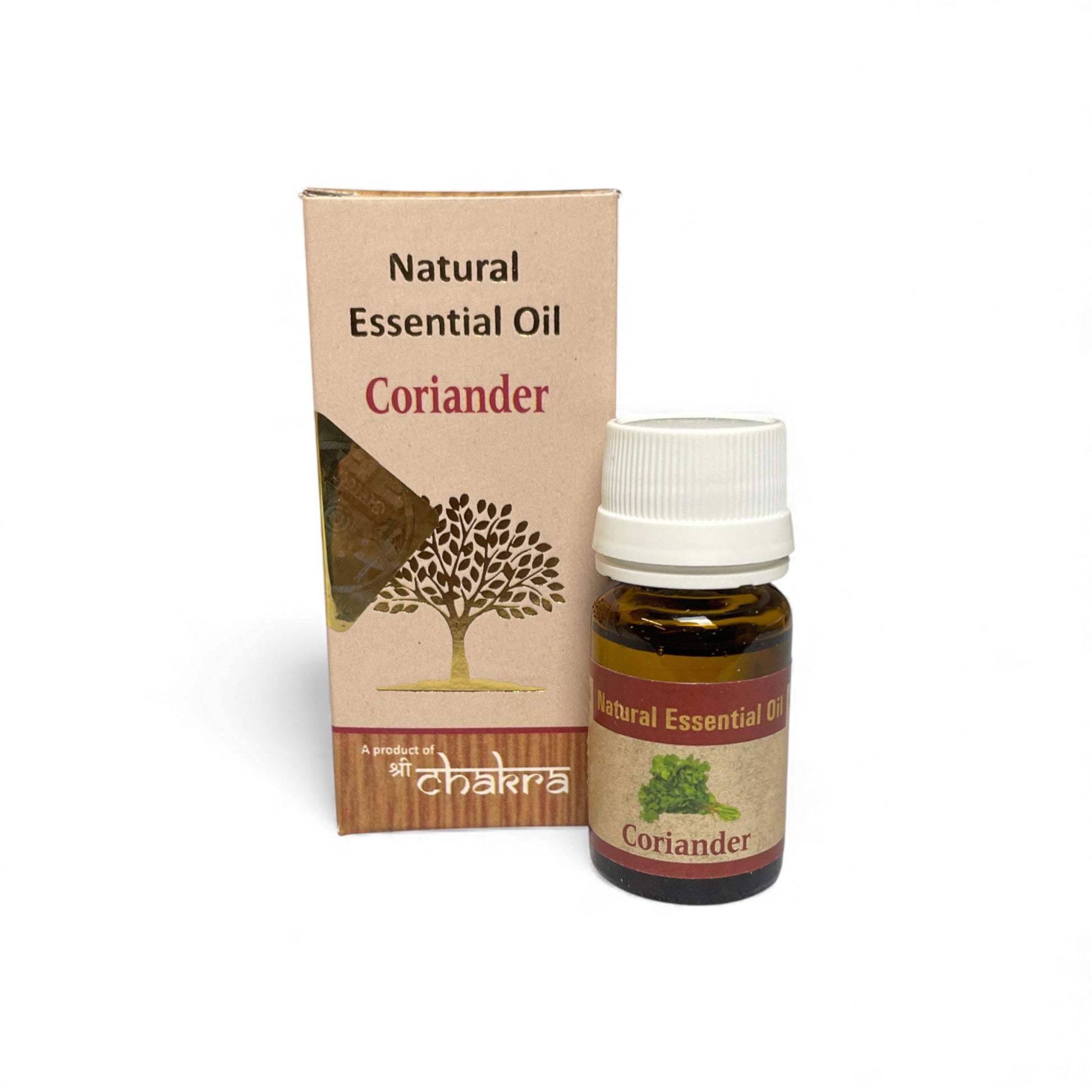 Koriander – Chakra Natürliches ätherisches Öl 10 ml mit Flasche und Verpackung zusammen im Alltag, Himalaya Vibes Onlineshop
