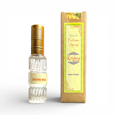 Krishna Musk Natural Perfume Spray Flasche mit goldener Verpackung Himalaya Vibes Bern Tibet Laden