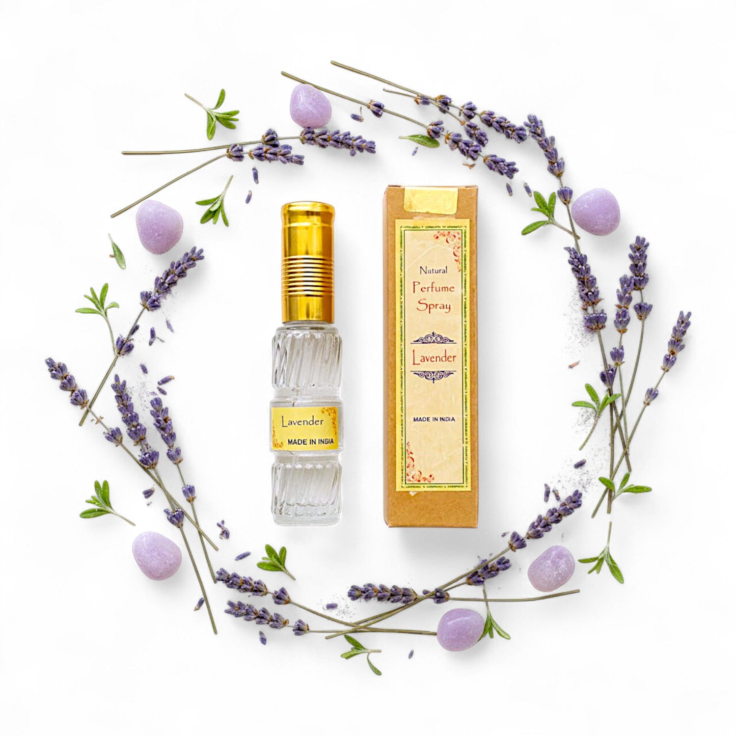 Lavender – Natuerliches Spray Parfuem 50 ml in Glasflasche mit Packung. Natuerlicher, alkoholfreier Duft, blumig-frisch und krautig. Ideal fuer Handtasche oder Reise.