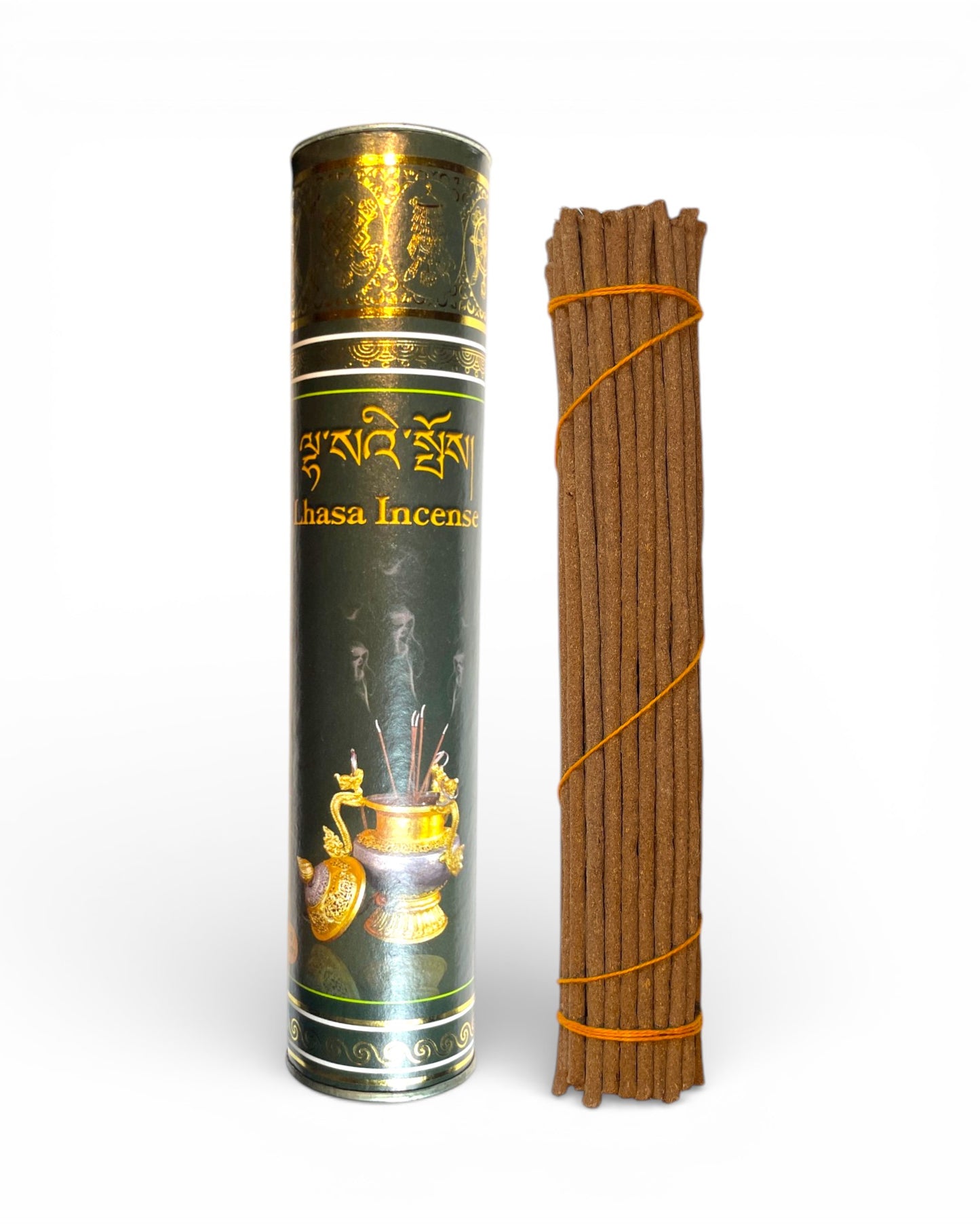 Lhasa Tibetische Raeucherstaebchen Traditioneller Weihrauch aus der Himalaya-Tradition gross Buendel neben Dose