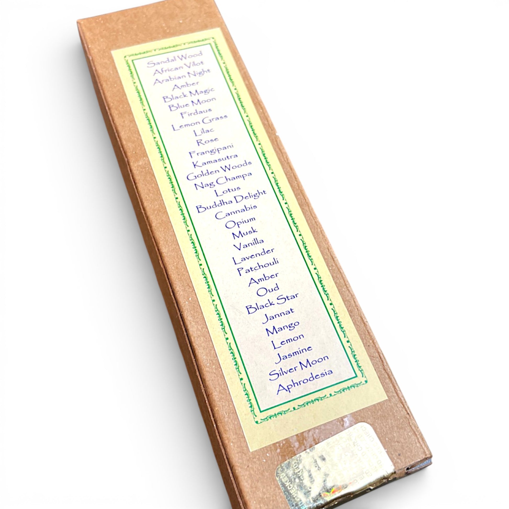 Liste der verschiedenen Duftrichtungen auf der Rueckseite der Parfuem Verpackung