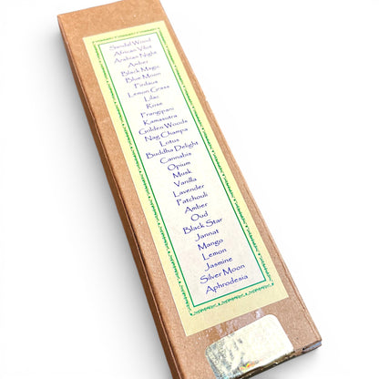 Liste der verschiedenen Duftrichtungen auf der Rueckseite der Parfuem Verpackung