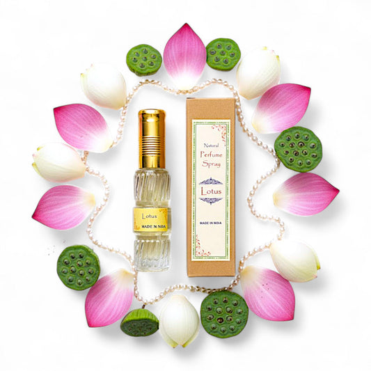 Lotus – Natuerliches Spray Parfuem 50 ml in Glasflasche mit Packung. Natuerlicher, alkoholfreier Duft, blumig-frisch und leicht suesslich. Ideal fuer Handtasche oder Reise.