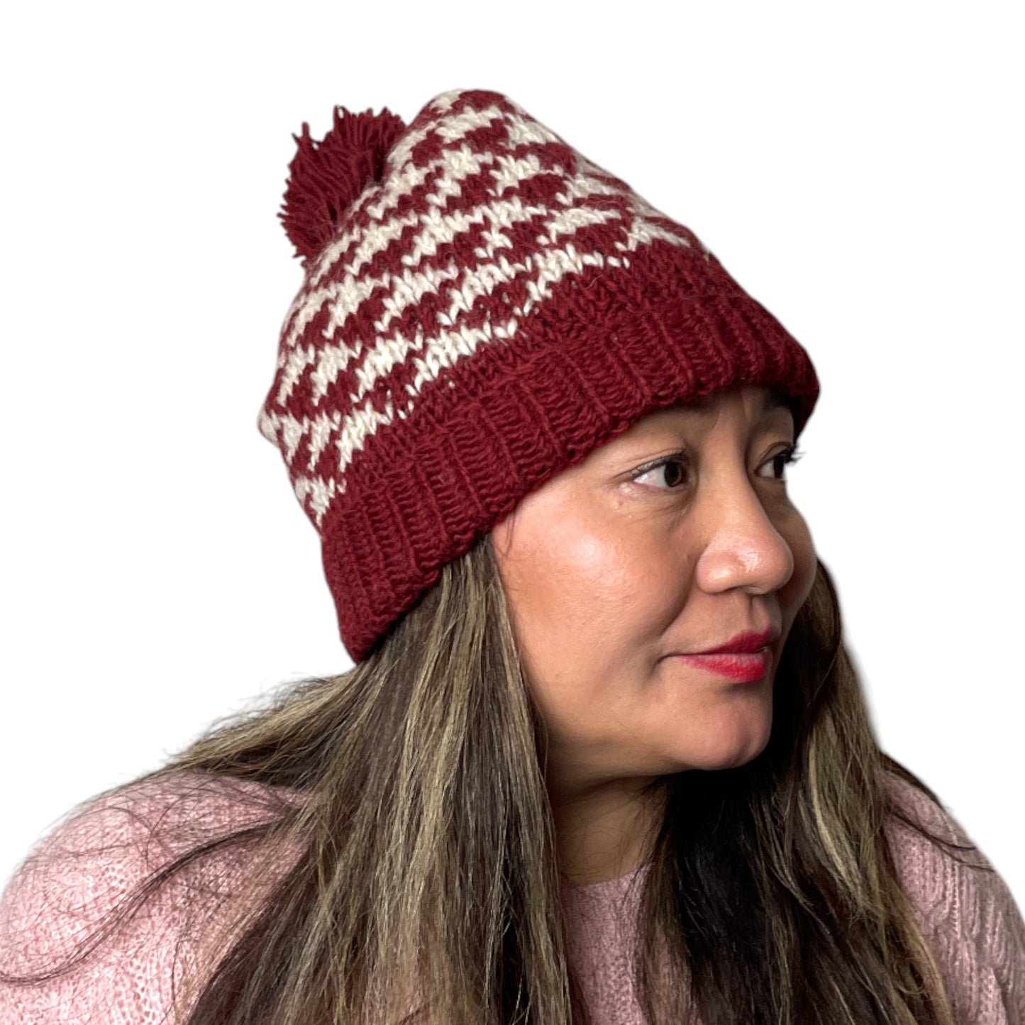 „Makalu“ – Handgestrickte Zipfel-Mütze Petrol Tiefrot