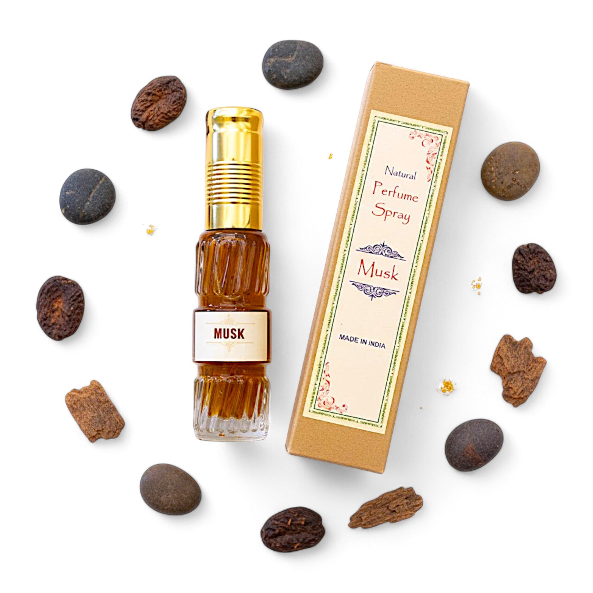 Musk Moschus – Natuerliches Spray Parfuem 50 ml in Glasflasche mit Packung. Natuerlicher, alkoholfreier Duft, warm-holzig und leicht suesslich. Ideal fuer Handtasche oder Reise.