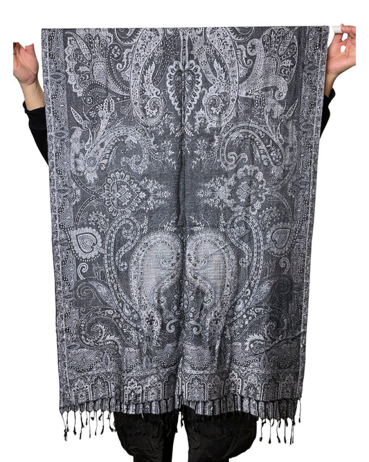 Muster Detail: Paisley Muster Silbergrau Schwarz Jacquard Schal