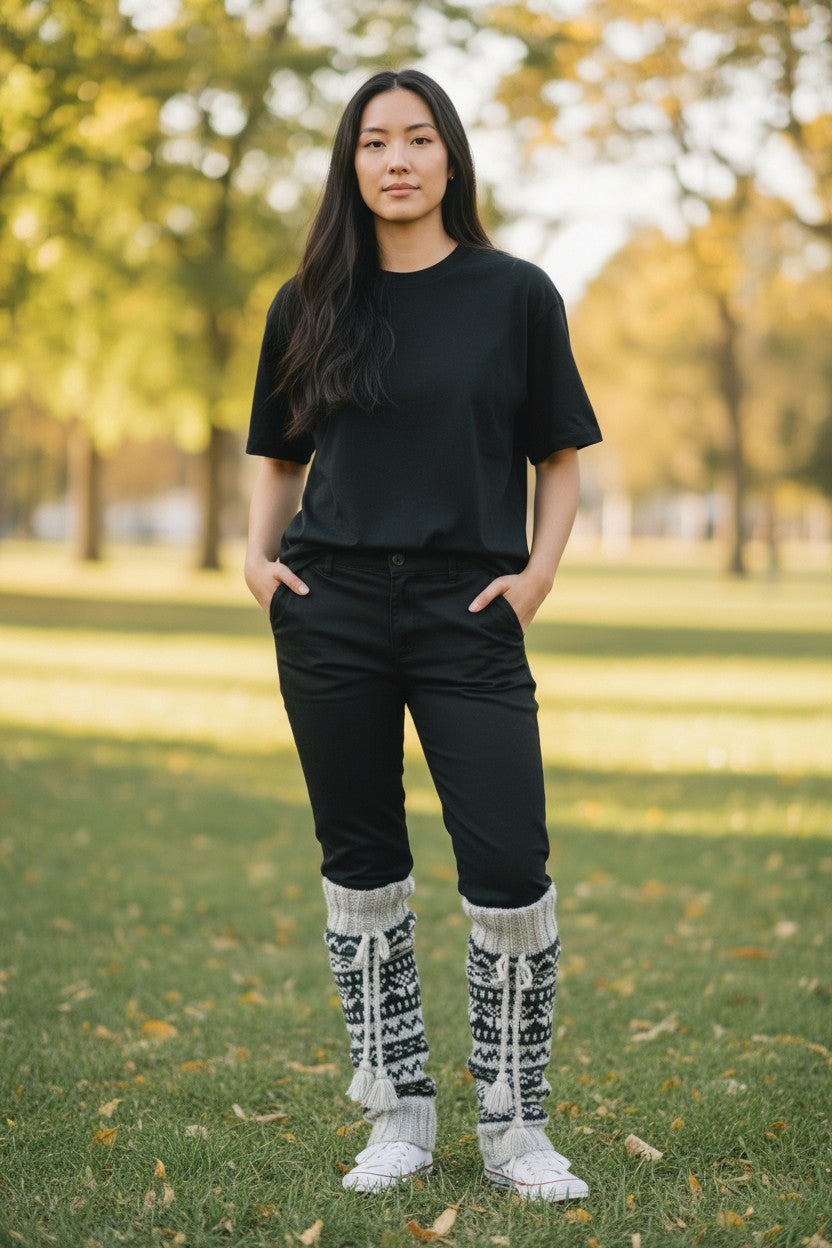 Namche – Handgestrickte Nepal Beinstulpen grau draussen