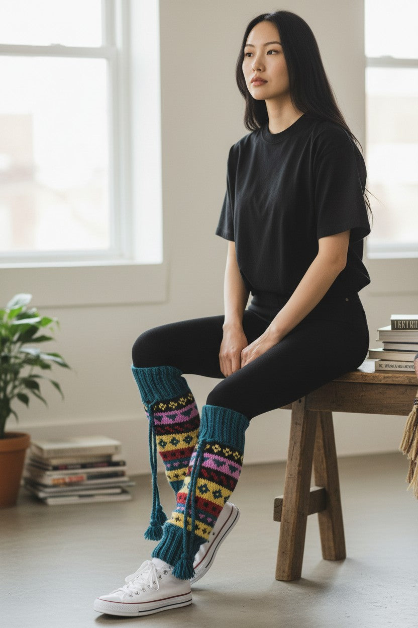 Namche – Handgestrickte Nepal Beinstulpen petrol drinnen