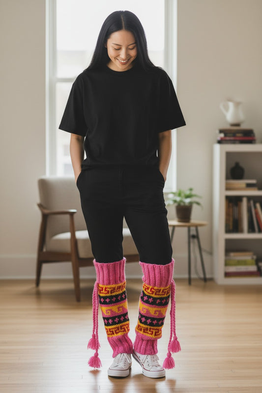 Namche – Handgestrickte Nepal Beinstulpen rosa drinnen