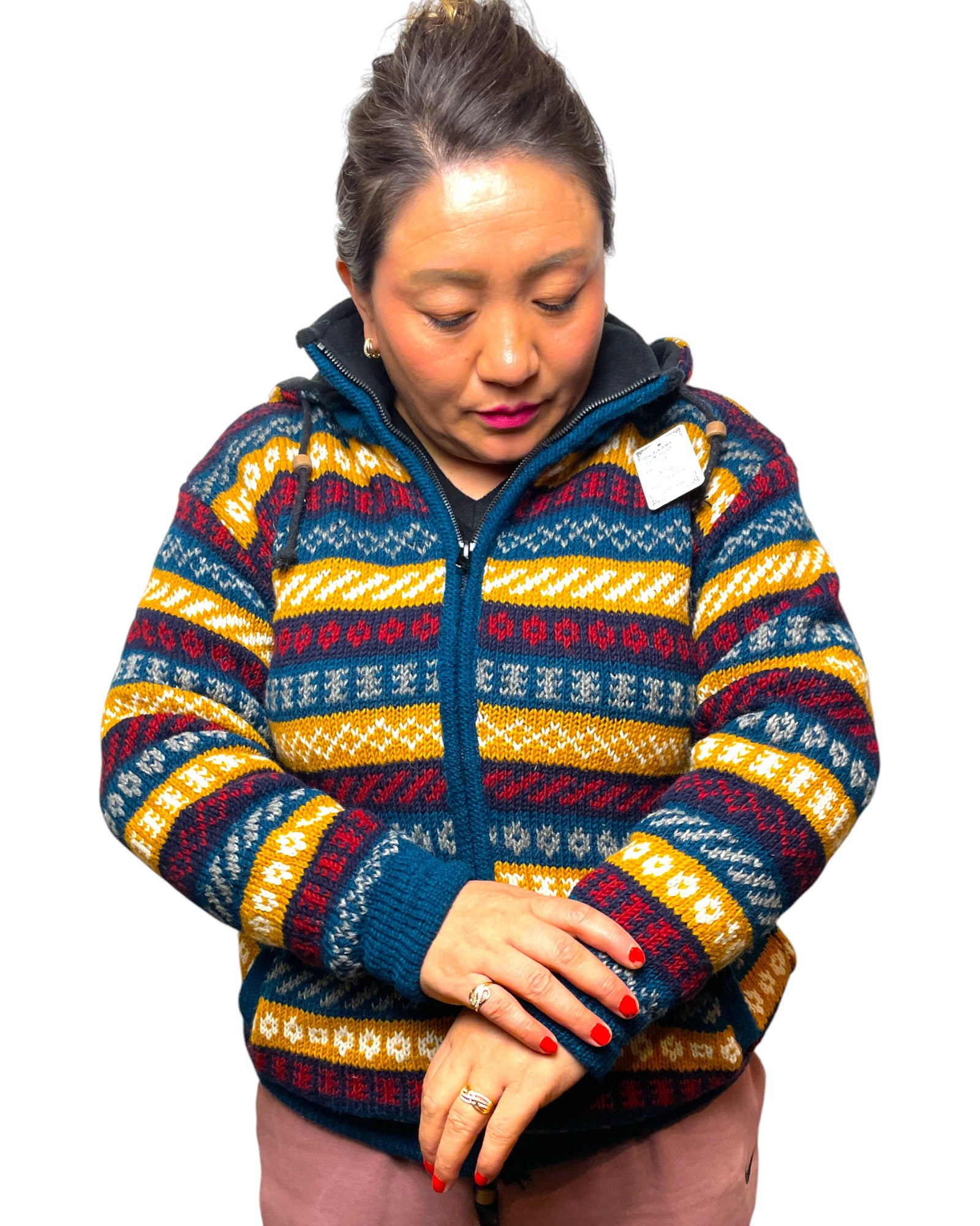 "Norweger" Handgestrickte Wolljacke Nepal Arme