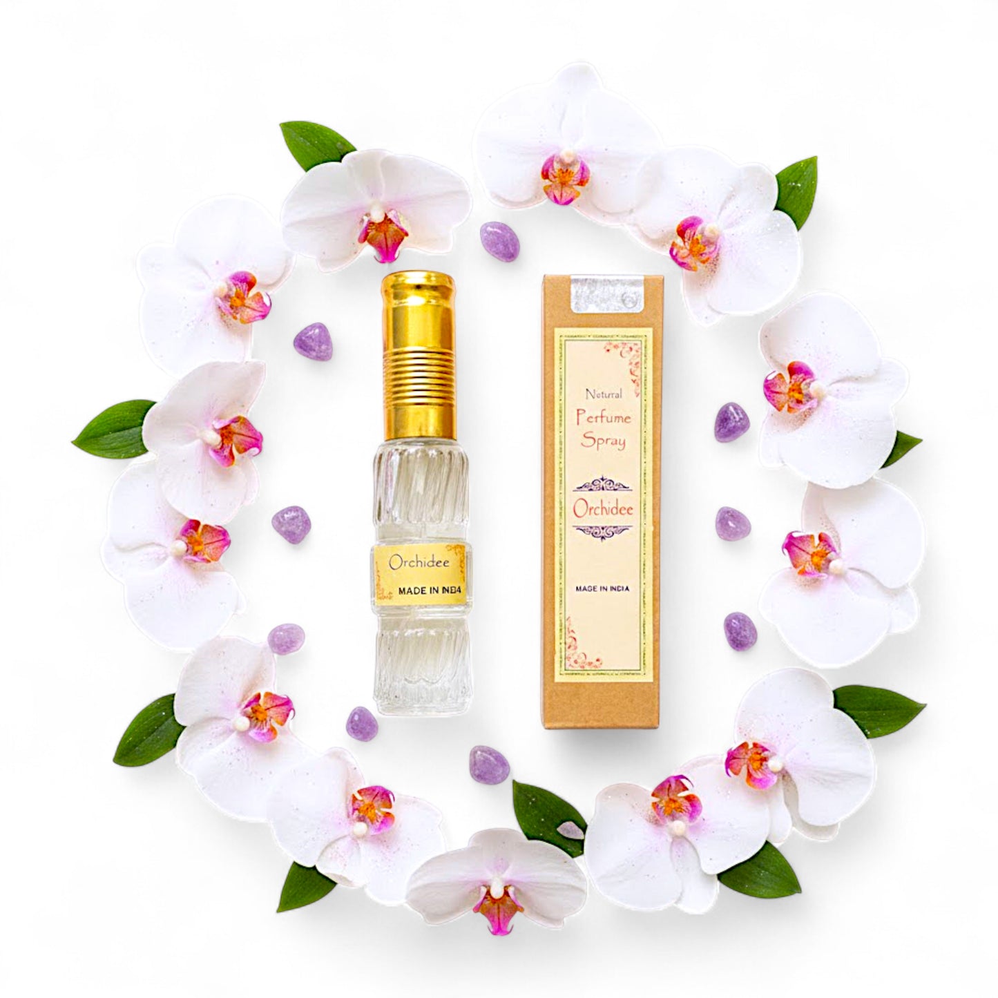 Orchidee – Natuerliches Spray Parfuem 50 ml in Glasflasche mit Packung. Natuerlicher, alkoholfreier Duft, blumig-fruchtig und leicht suesslich. Ideal fuer Handtasche oder Reise.