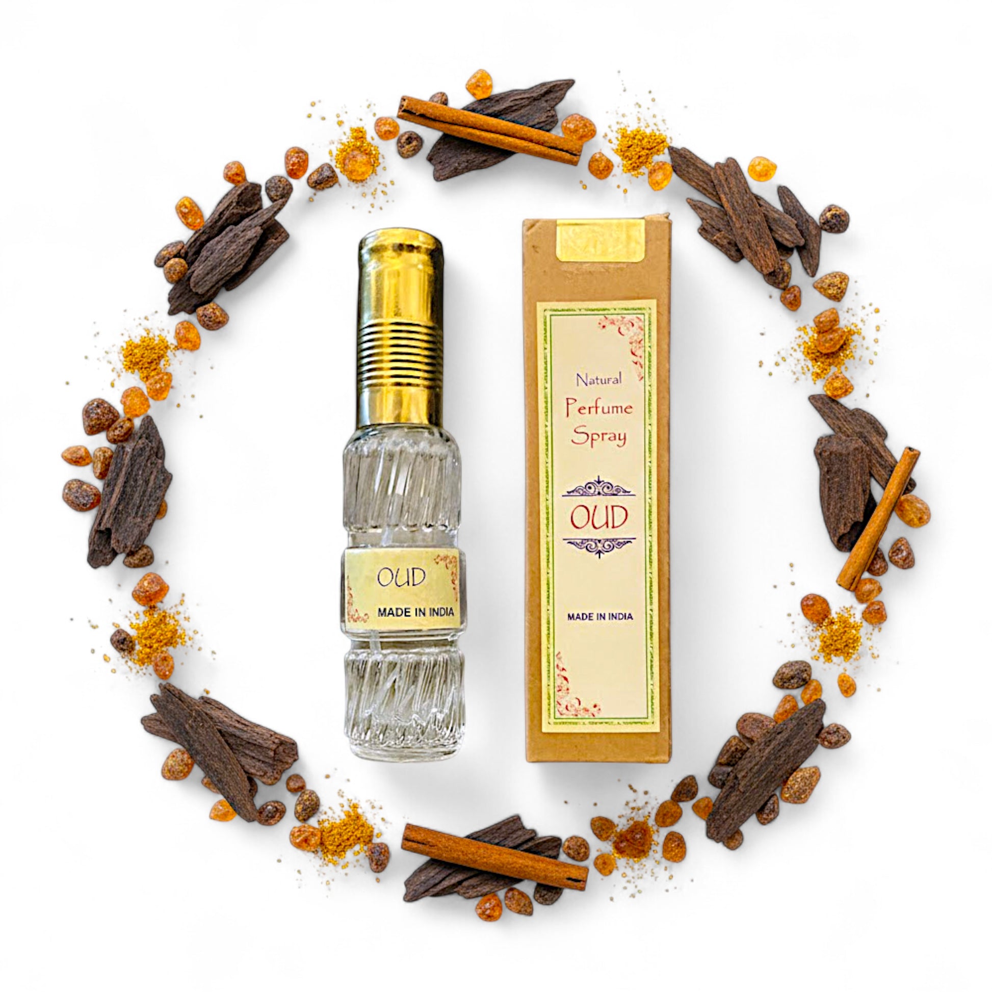 Oud – Natuerliches Spray Parfuem 50 ml in Glasflasche mit Packung. Natuerlicher, alkoholfreier Duft, holzig-wuerzig und warm-suesslich. Ideal fuer Handtasche oder Reise.